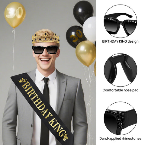 Edussy black-framed glasses with Birthday King embroidery for playful photos.