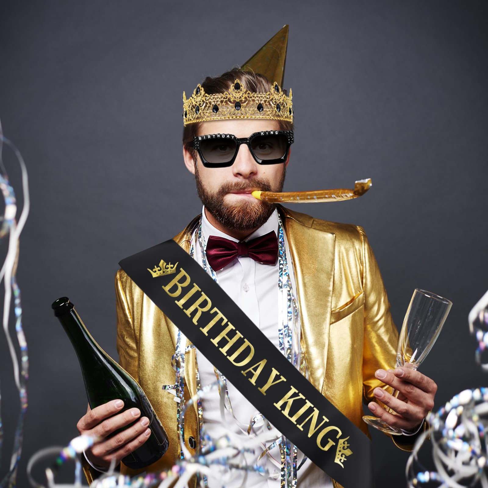 Edussy royal party scene showing coordinated crown, sash, and glasses.