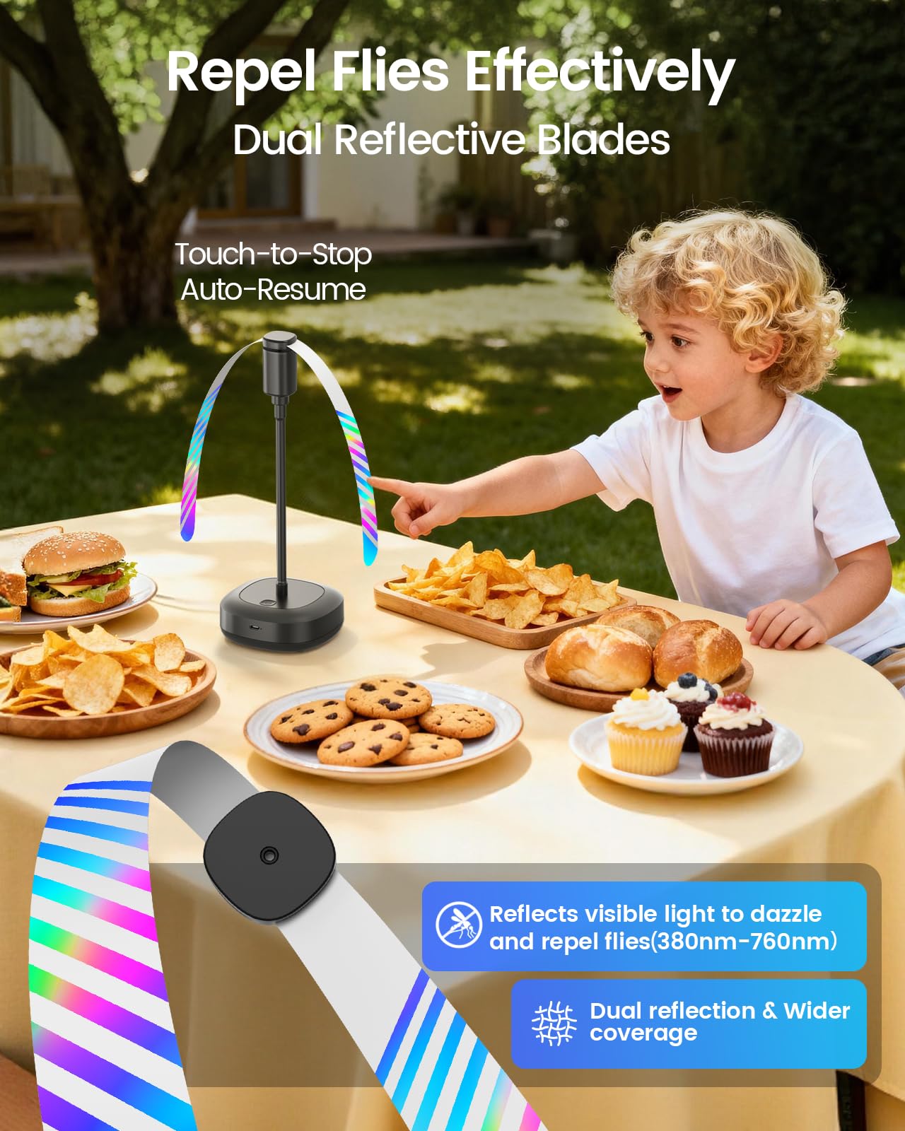 Edvision reflective blades creating light patterns around food setup