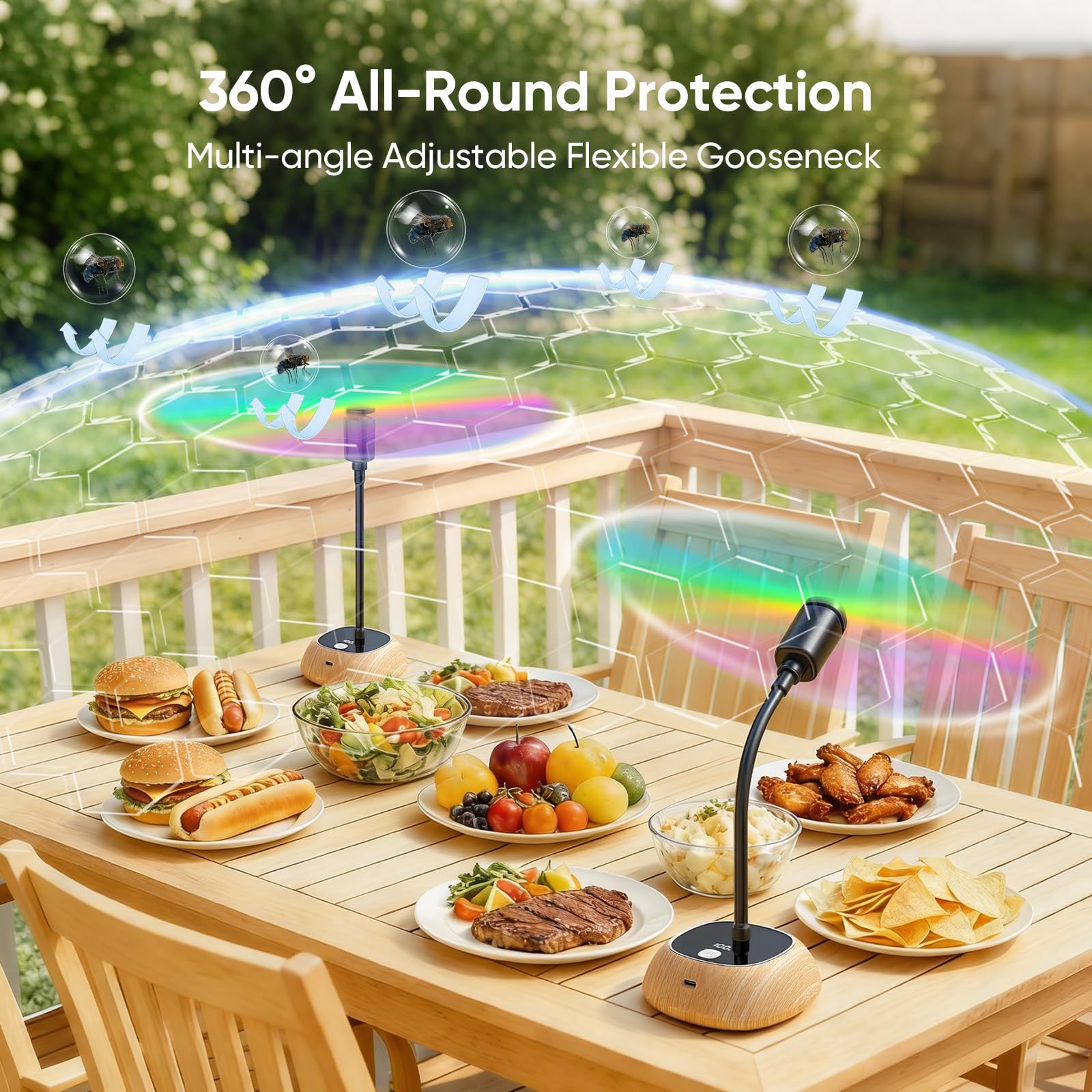 Edvision fly fan with 360° gooseneck targets flies precisely during picnics.