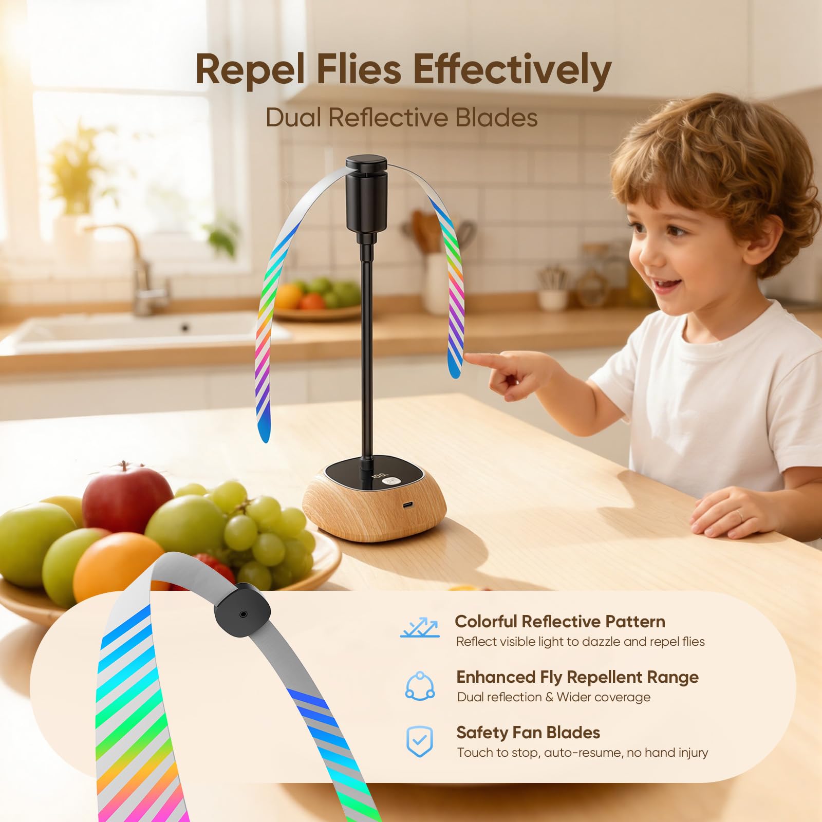 Edvision table fan with hanging hook keeps outdoor meals organized.