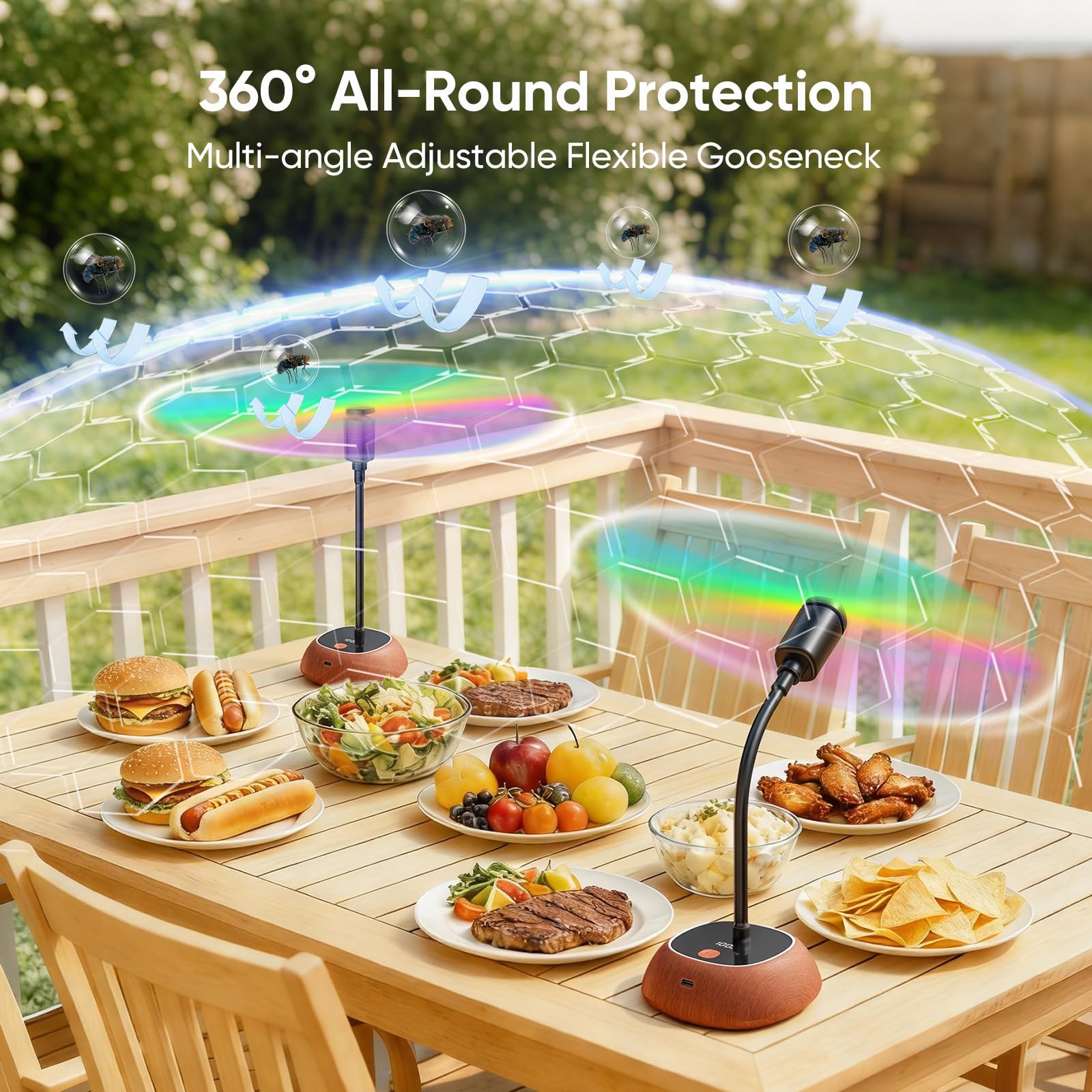 Edvision double-sided protection fly fan deters flies while dining outdoors.