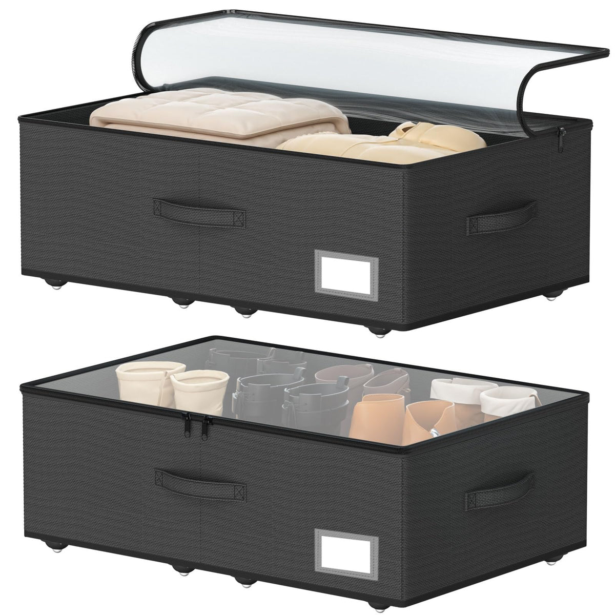 EE-RoomWorld underbed storage bin with wheels, front view showing easy glide under the bed