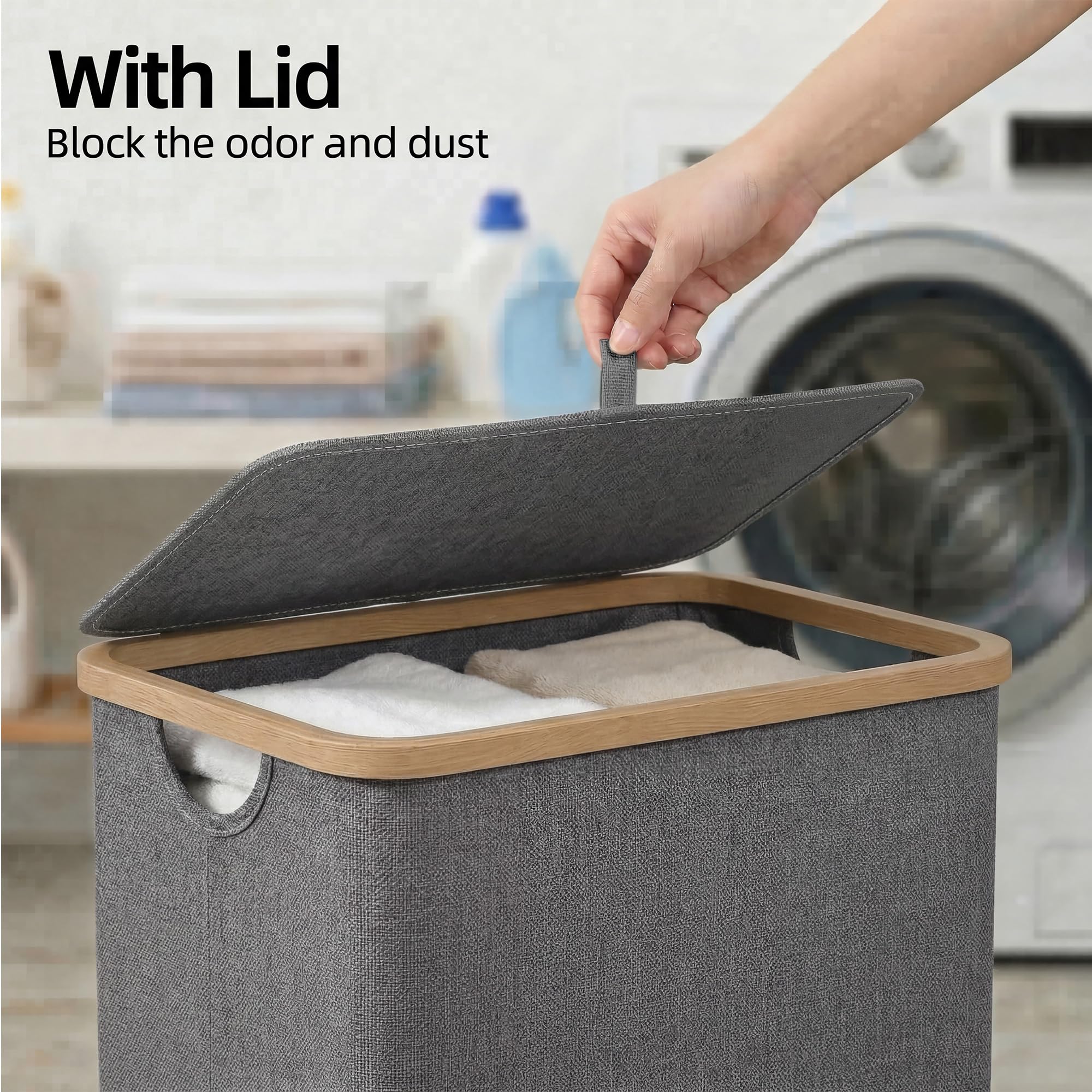 eflucky narrow 75L hamper with bamboo handles easy to move between rooms