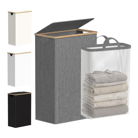 eflucky slim laundry basket with lid showing space-saving design in a modern bathroom
