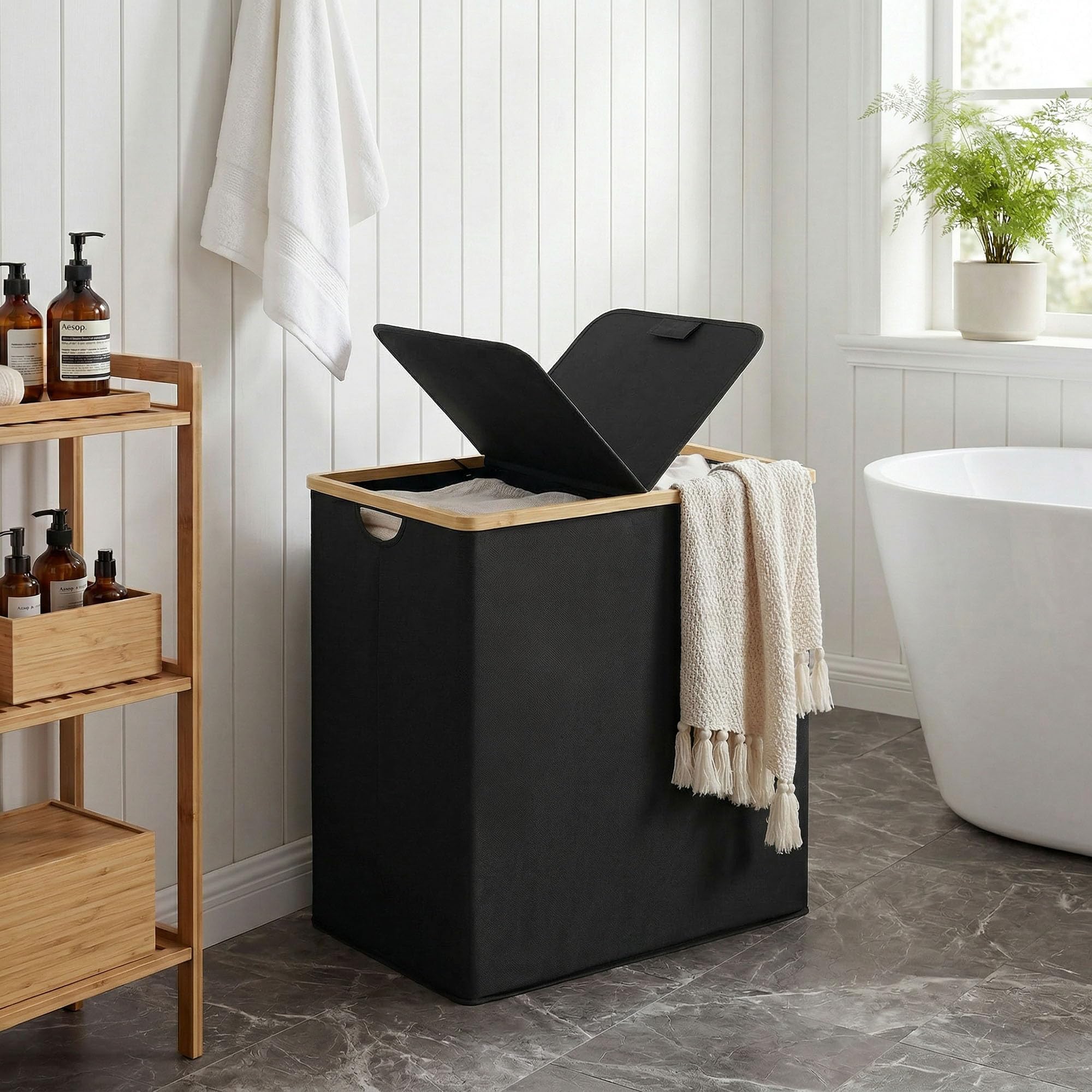 efluky double laundry hamper with removable bags for easy transport.
