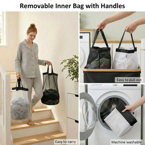 efluky laundry hamper with bamboo handles for sturdy carrying.
