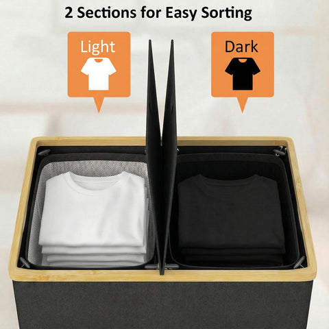 efluky laundry hamper with two sections for sorting whites and darks.