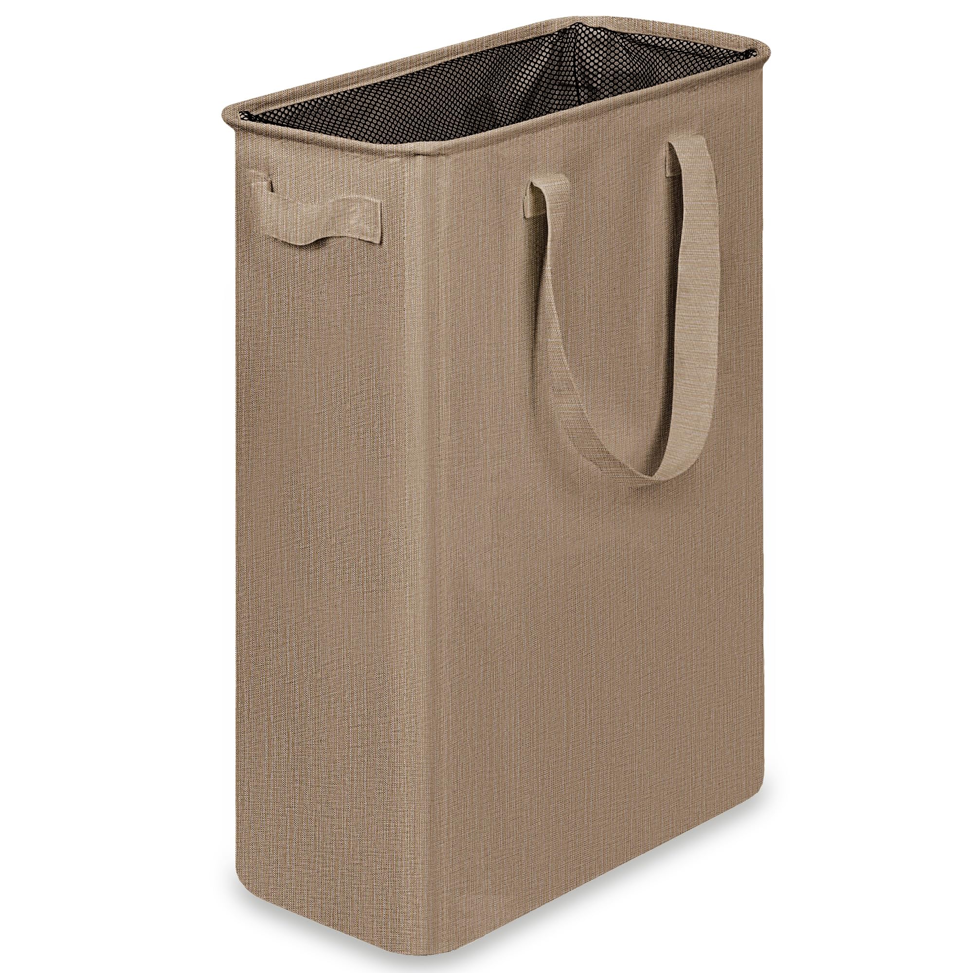 efluky slim laundry basket beside washer and dryer for space-saving storage.