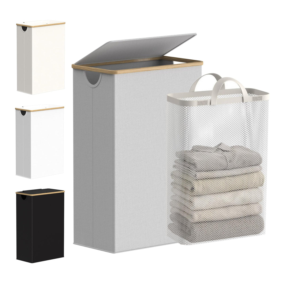 efluky slim laundry basket with lid, front view, space-saving design for small spaces