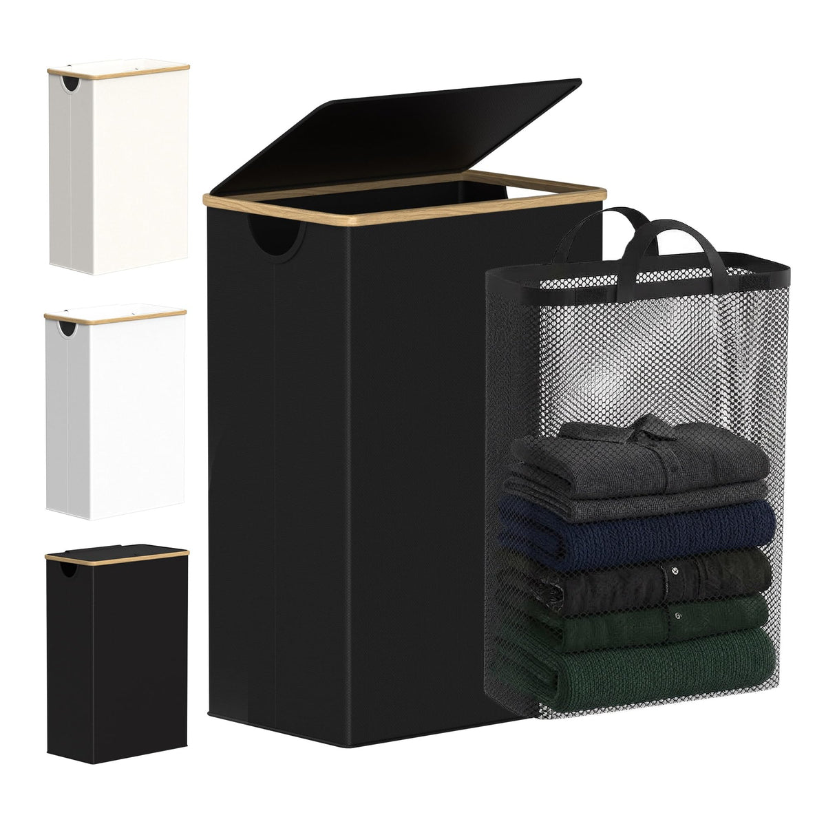 efluky slim laundry basket with lid showing space-saving design for tight bathrooms.