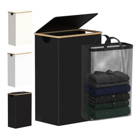efluky slim laundry basket with lid showing space-saving design for tight bathrooms.