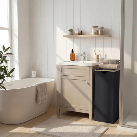 efluky slim laundry basket space-saving profile in a compact room.