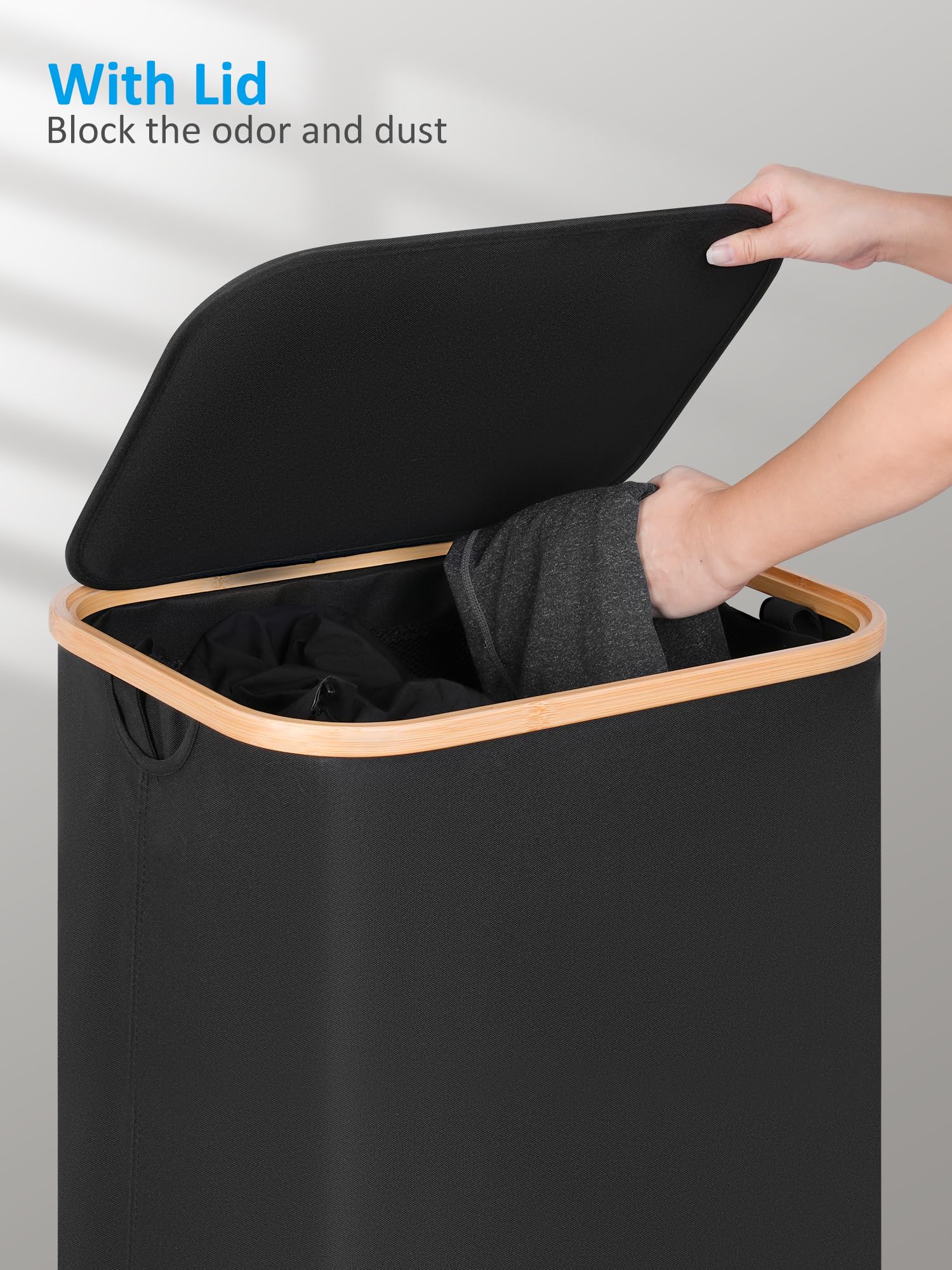 efluky tall laundry bin on wheels saves space while increasing capacity.