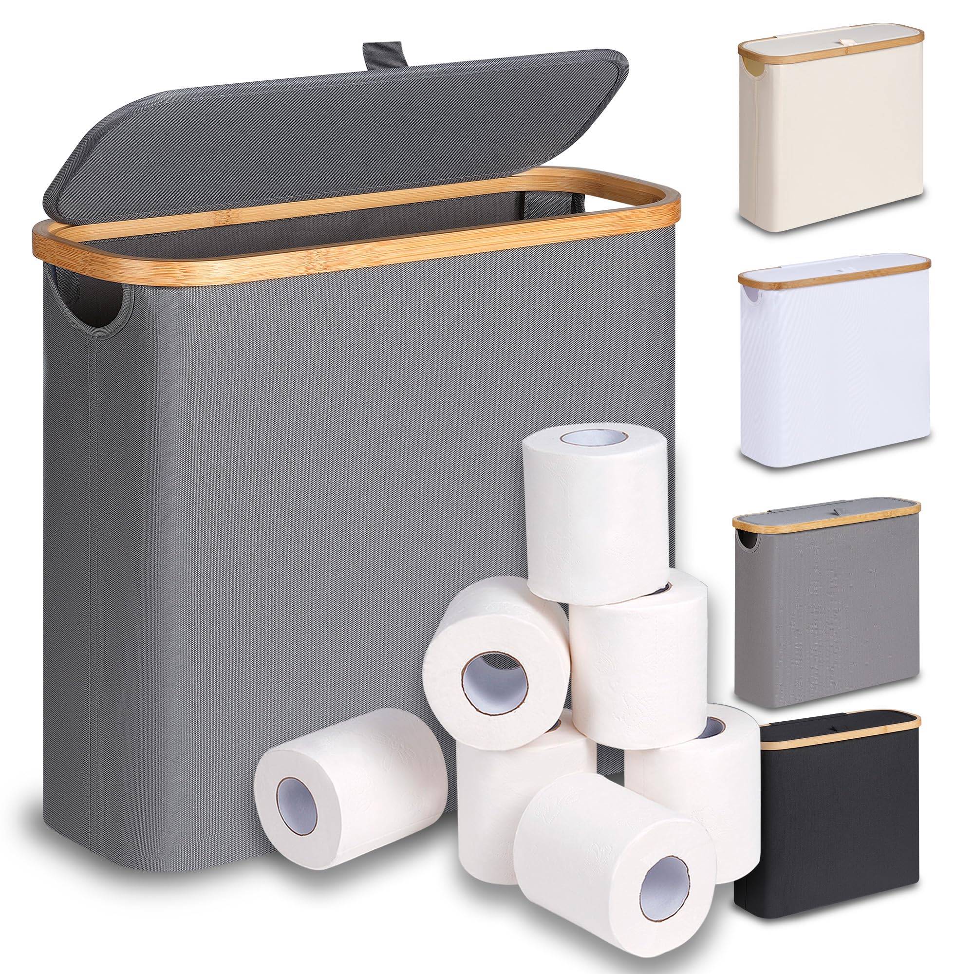 efluky toilet paper basket with lid holds up to 12 rolls in a sleek grey finish.