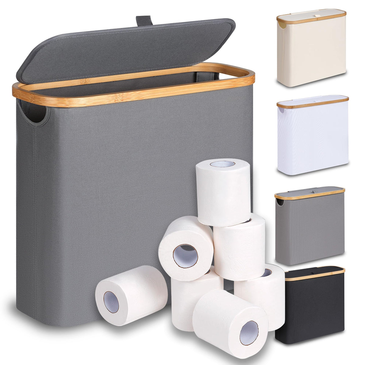 efluky toilet paper basket with lid holds up to 12 rolls in a sleek grey finish.