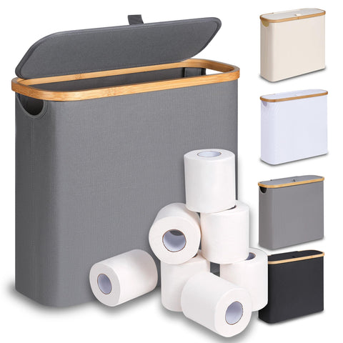 efluky toilet paper basket with lid holds up to 12 rolls in a sleek grey finish.