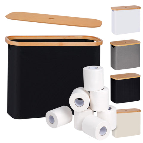 efluky toilet paper basket with lid, front view showing organized rolls and sleek black finish