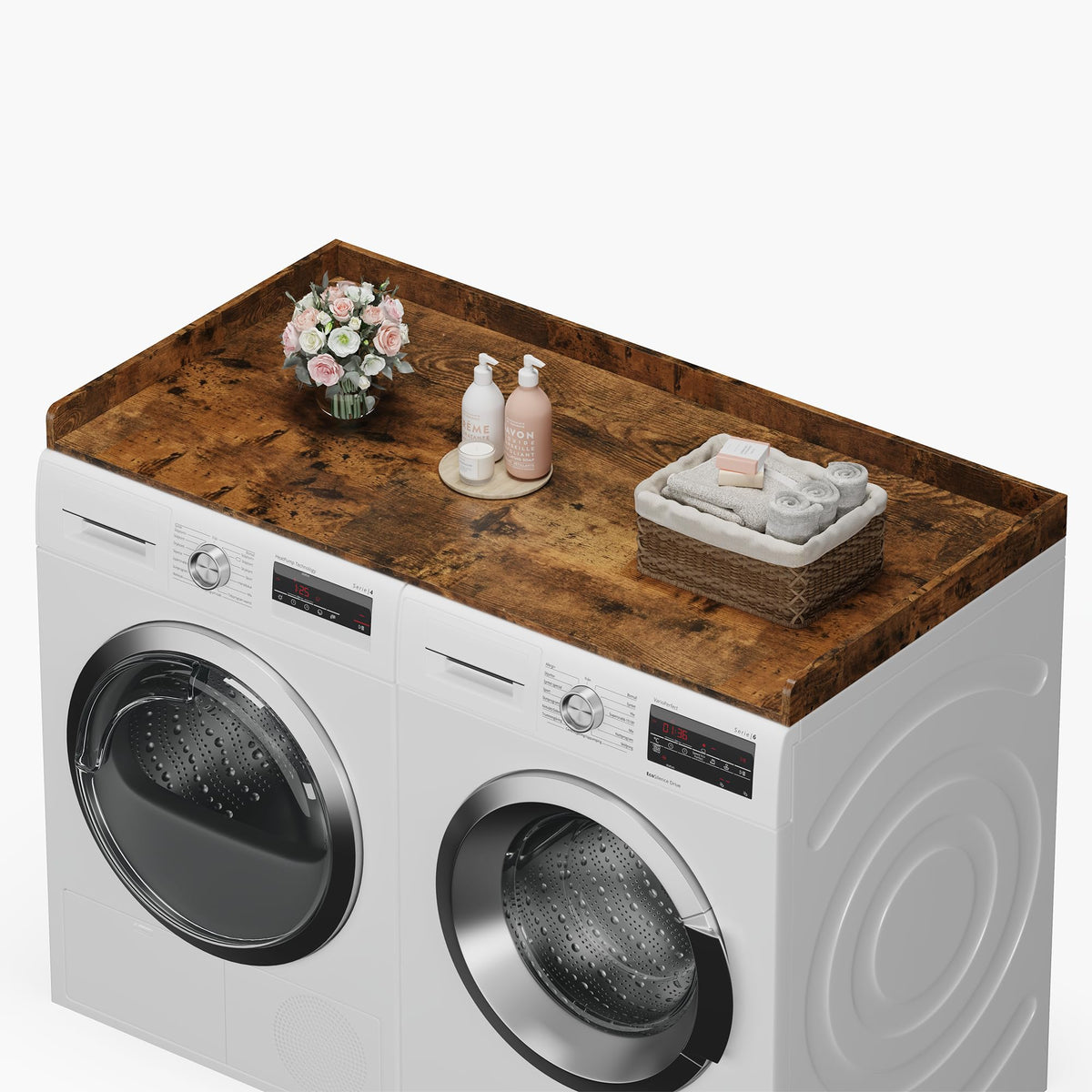 efluky washer dryer topper with edge rails provides a stable, organized surface.