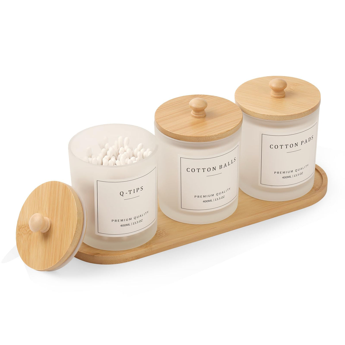 Eggs Sound 3 Pack Qtip Holder with glass jars for organized bathroom storage.