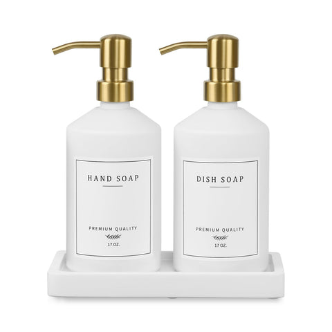 Eggs Sound Gold dispenser set with glass bottles elevates kitchen and bath organization.