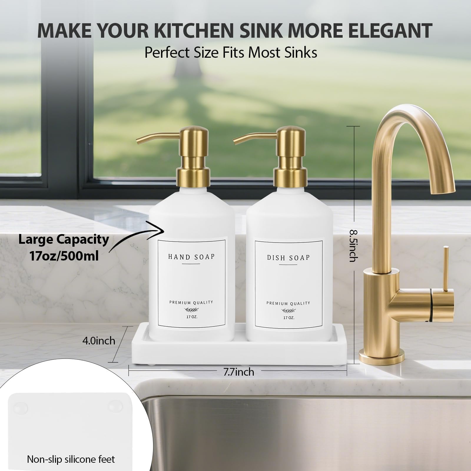 Eggs Sound Gold dispenser set with stainless pumps ensures leak-free daily use.
