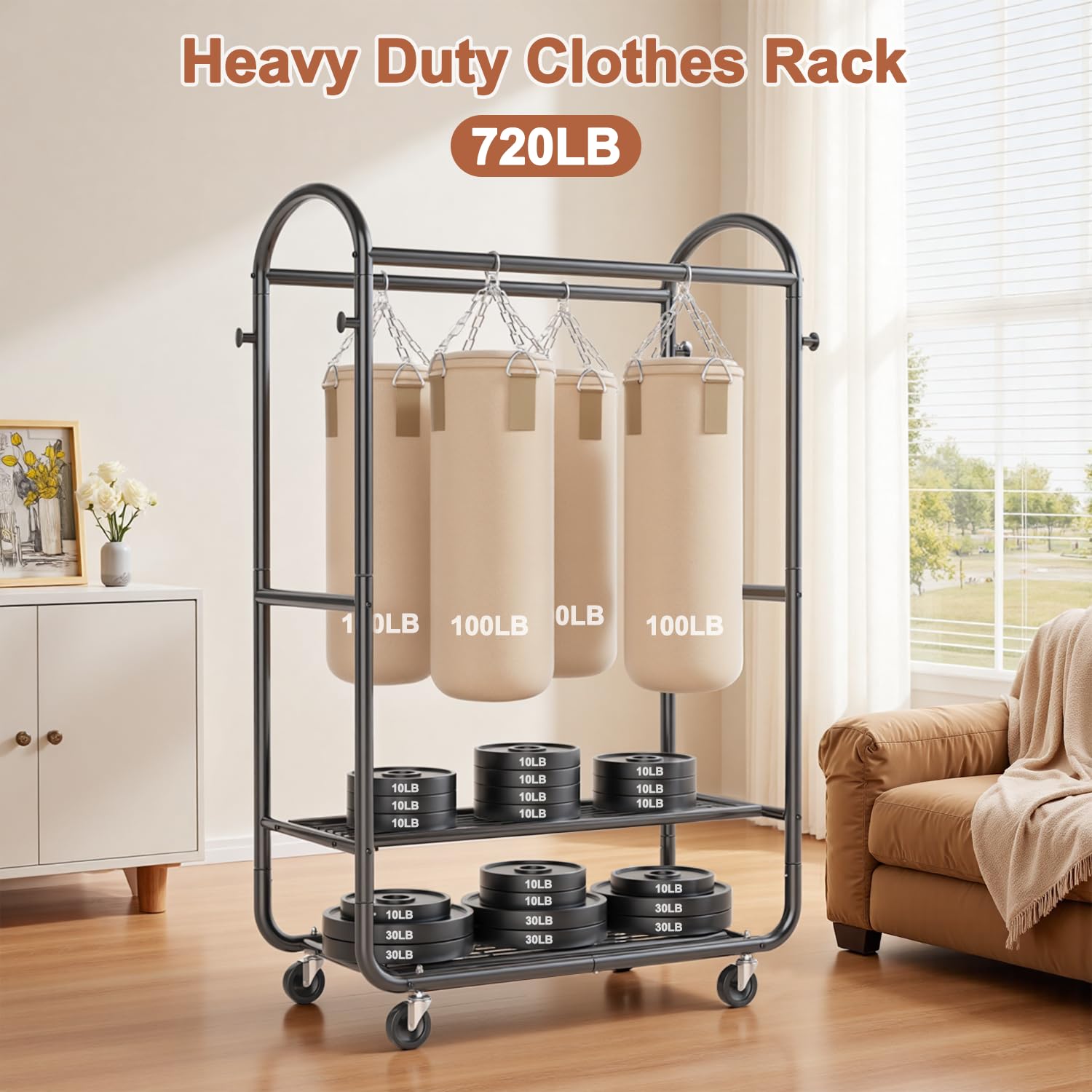 EAGMAK garment rack with double hanging rods for versatile clothing organization.