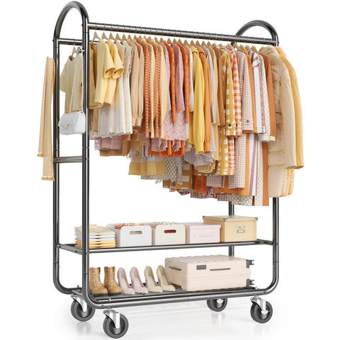 EAGMAK heavy-duty rolling rack showing 720 lbs capacity for sturdy garment storage.