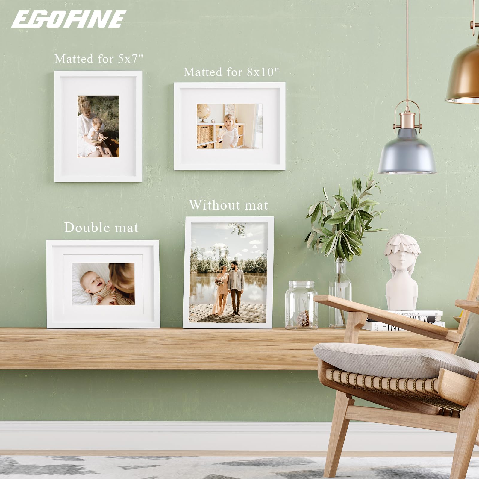 Egofine set of four white frames creates a cohesive gallery look at home or office.