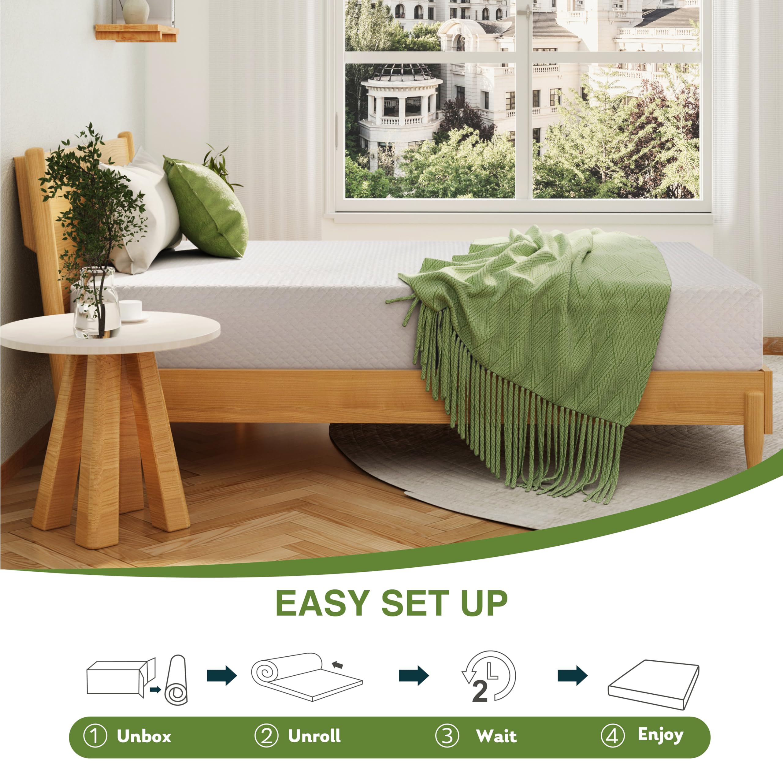 EGOHOME white full-size kids mattress in a tidy bedroom setup.