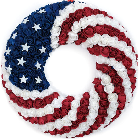Egolot 18-inch patriotic roses wreath on front door enhances curb appeal.