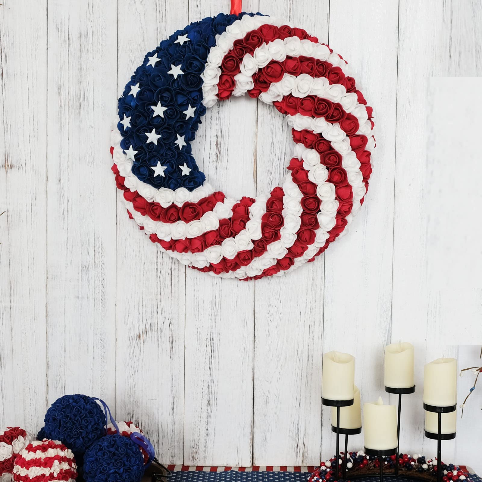 Egolot 18-inch patriotic wreath fits entryways and mantels for seasonal display.