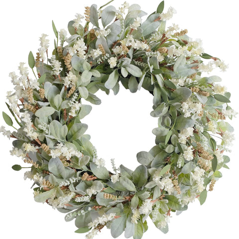 Egolot 24-inch ivory flowers wreath for front door with lush lamb ear leaves