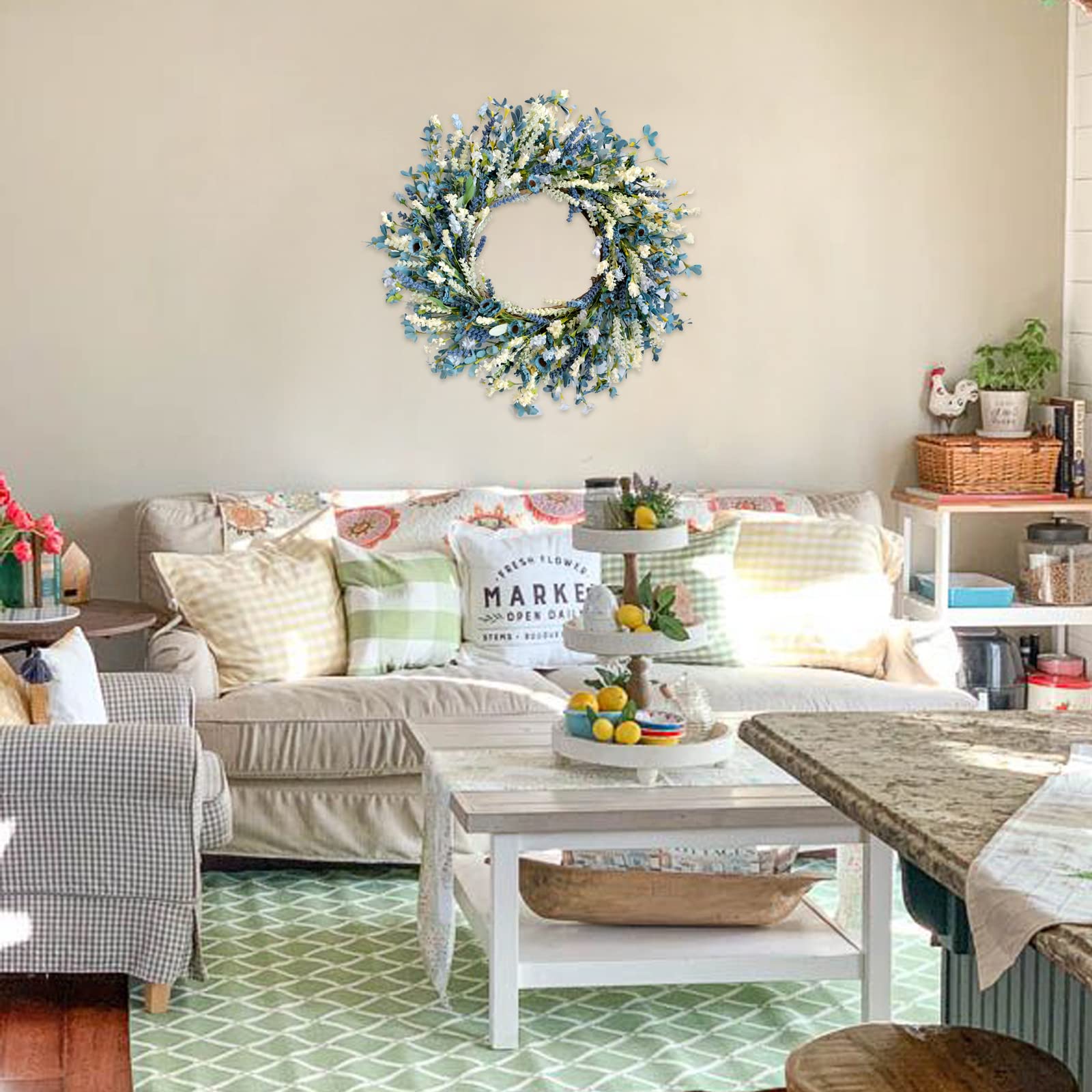 Egolot blue floral wreath for indoor walls adds cozy farmhouse charm.