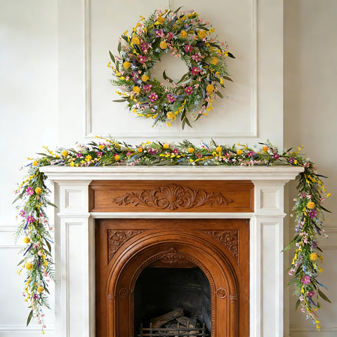 Egolot forsythia and lavender garland brightens tabletops with spring vibes.