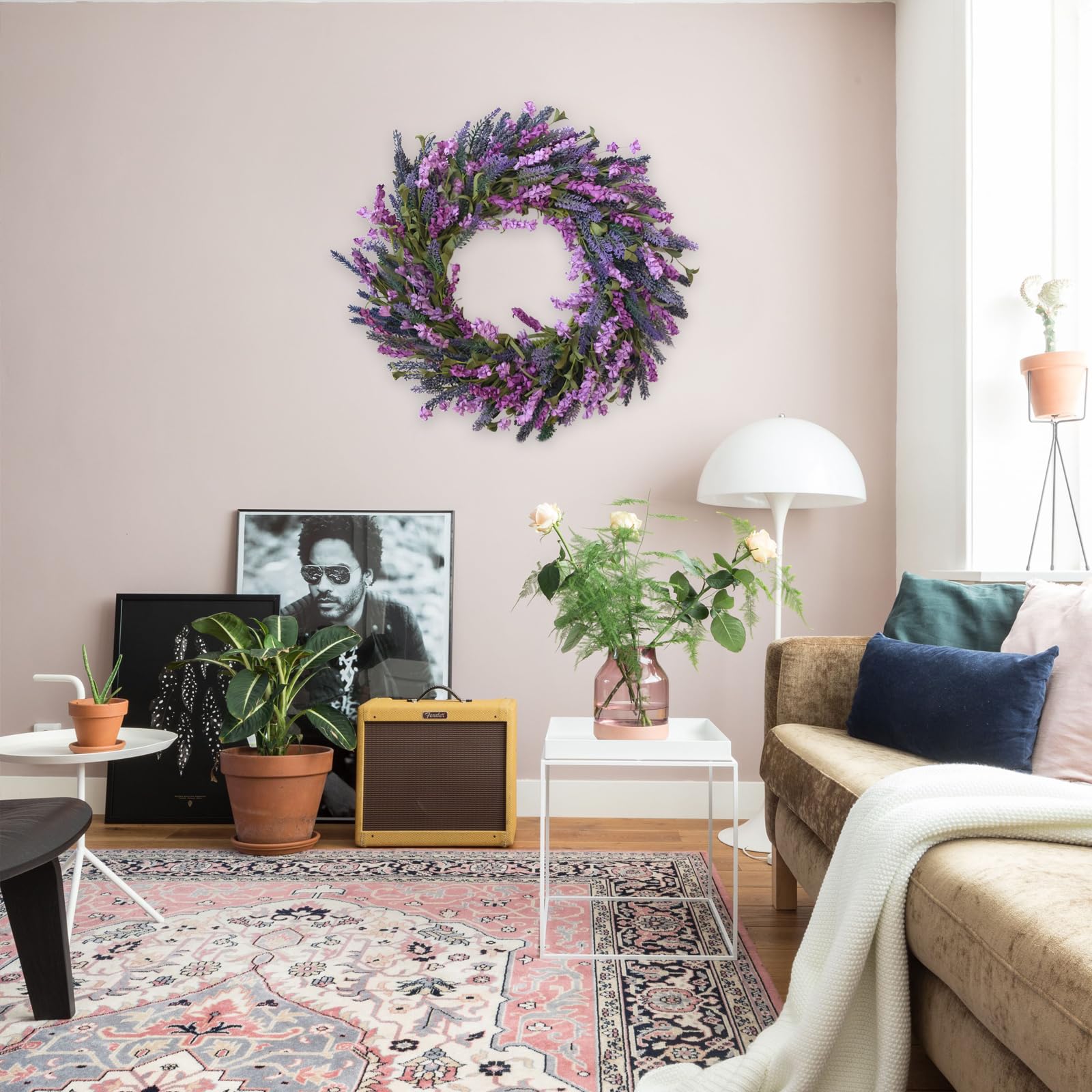 Egolot lavender wreath close-up showing blooms and forsythia.