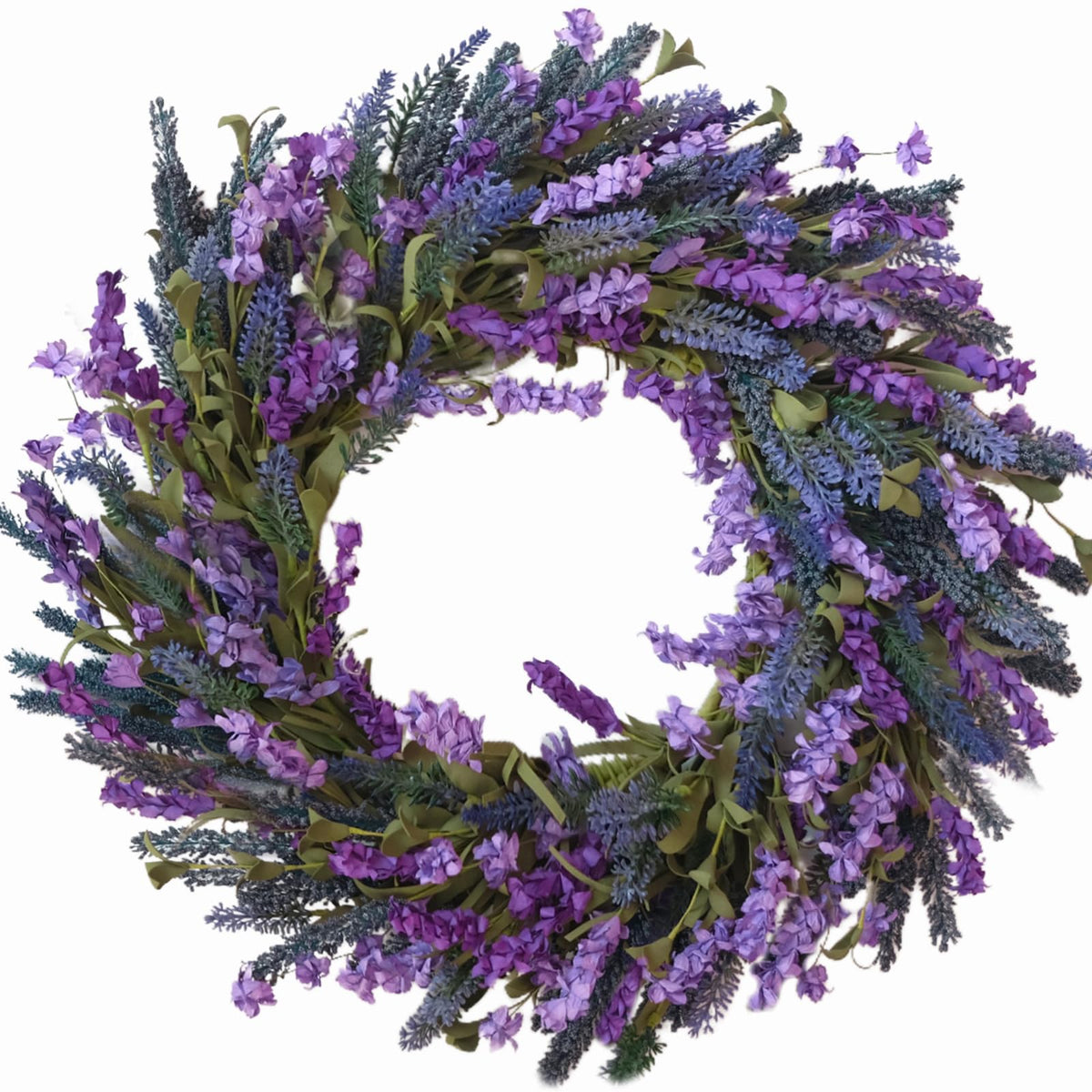 Egolot 22-inch lavender wreath with forsythia for front door curb appeal.