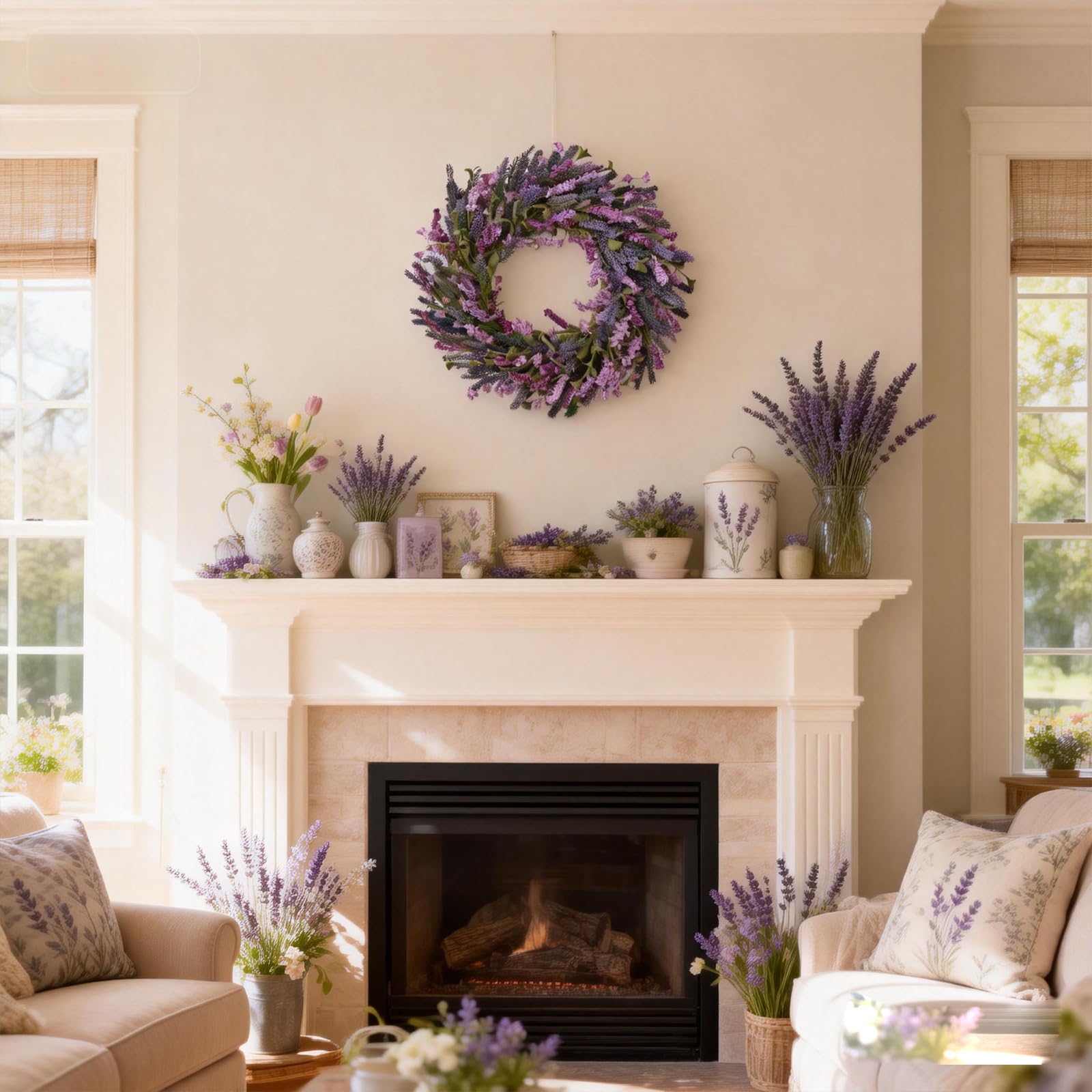 Outdoor-covered porch display with fade-resistant Egolot lavender wreath.