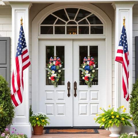 Egolot red white blue flower swag enhances seasonal decor with color.