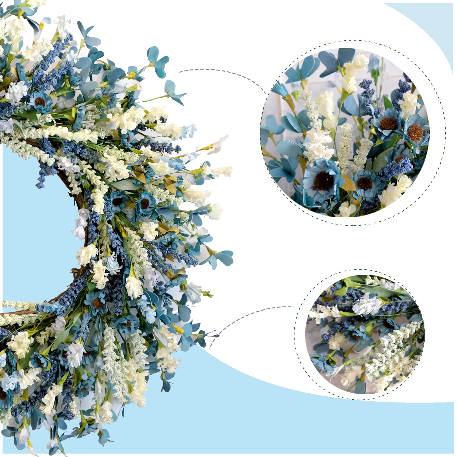 Egolot rustic coastal wreath with blue wildflowers for porch or entryway decor.