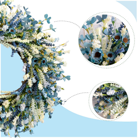 Egolot rustic coastal wreath with blue wildflowers for porch or entryway decor.