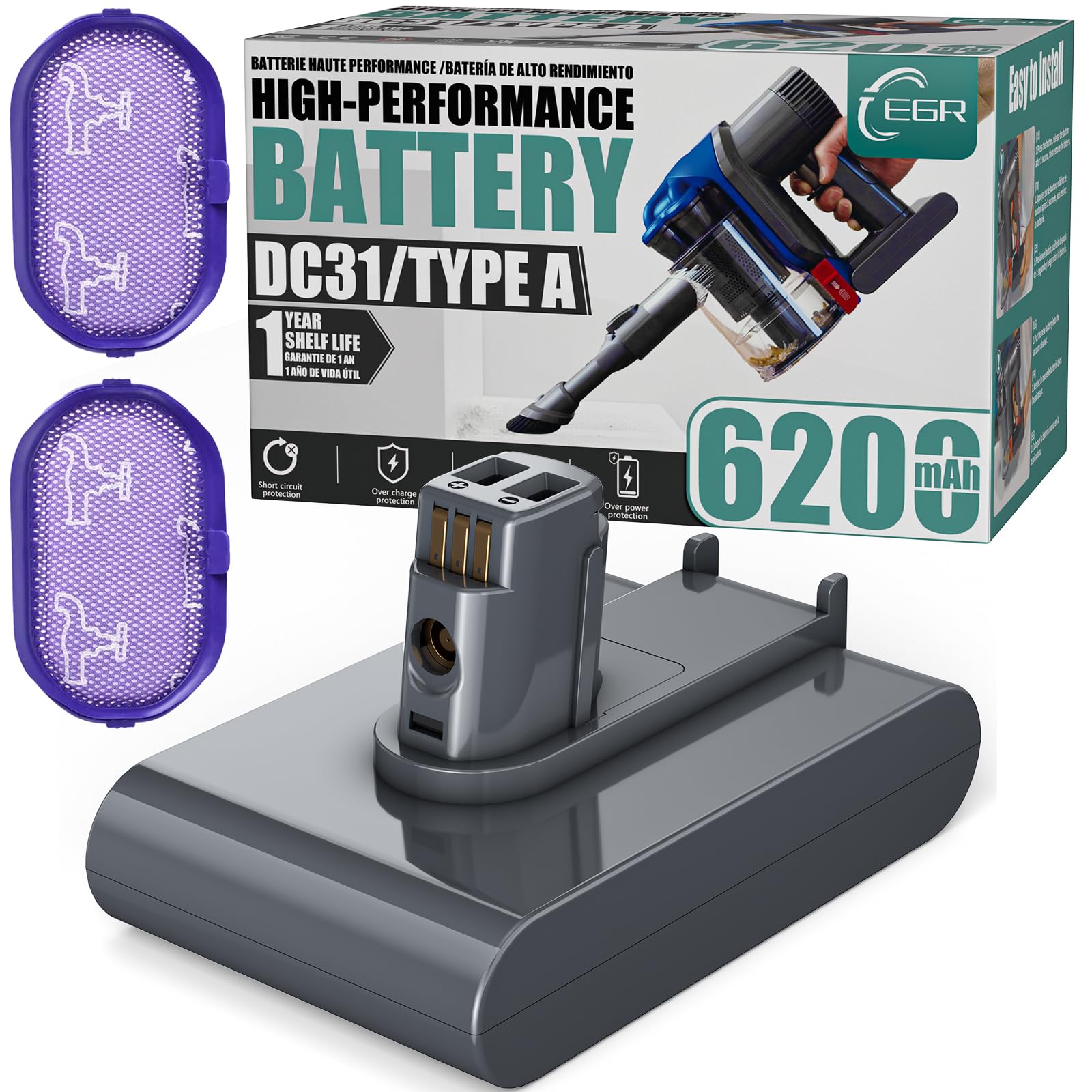 EGR DC35 battery front view showing compact upgrade for Dyson handheld cleaners