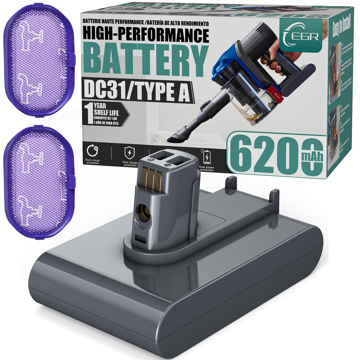 EGR DC35 battery front view showing compact upgrade for Dyson handheld cleaners