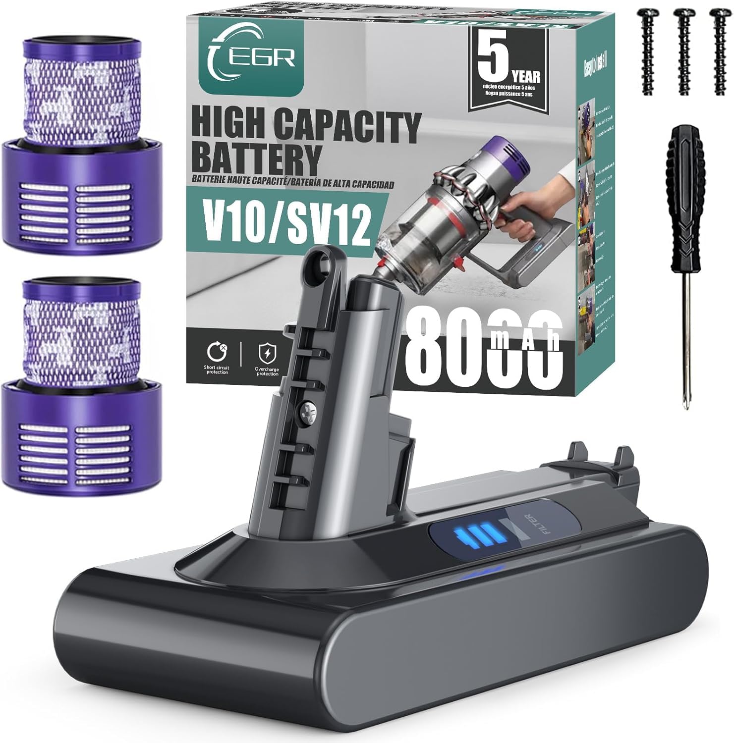 EGR Dyson V10 8000mAh battery for extended runtime.