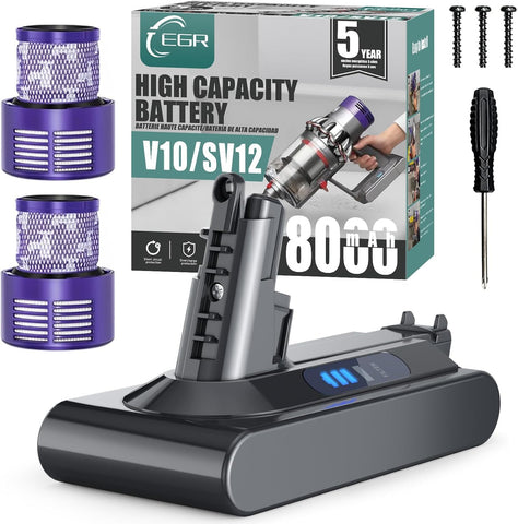 EGR Dyson V10 8000mAh battery for extended runtime.