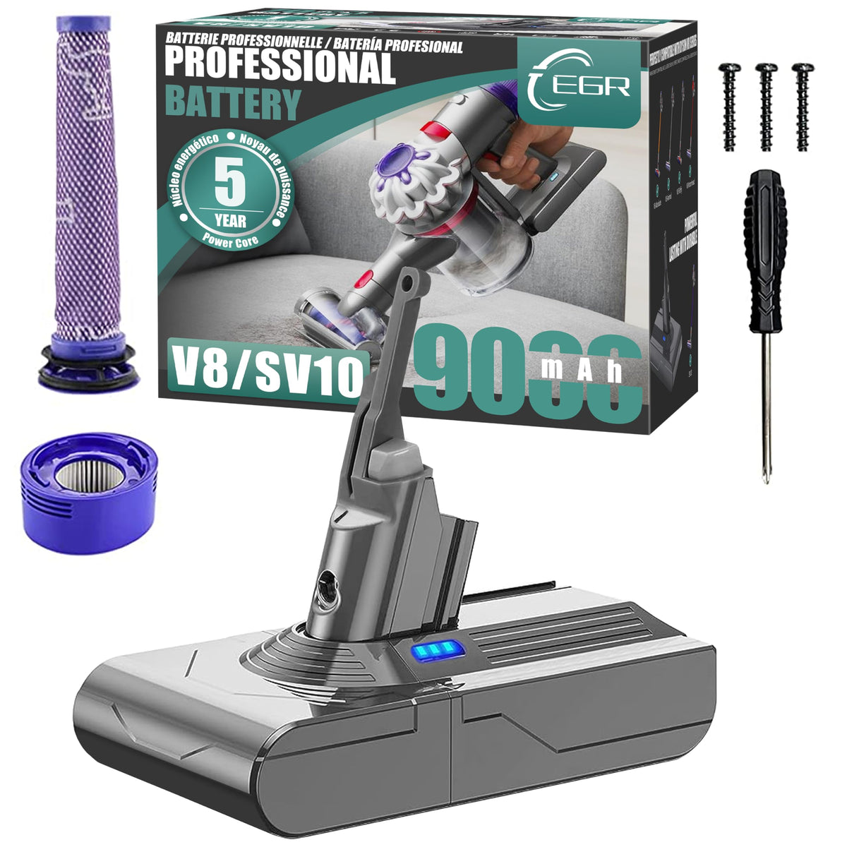 EGR Dyson V8 battery front view with 9000mAh capacity for longer cleaning sessions