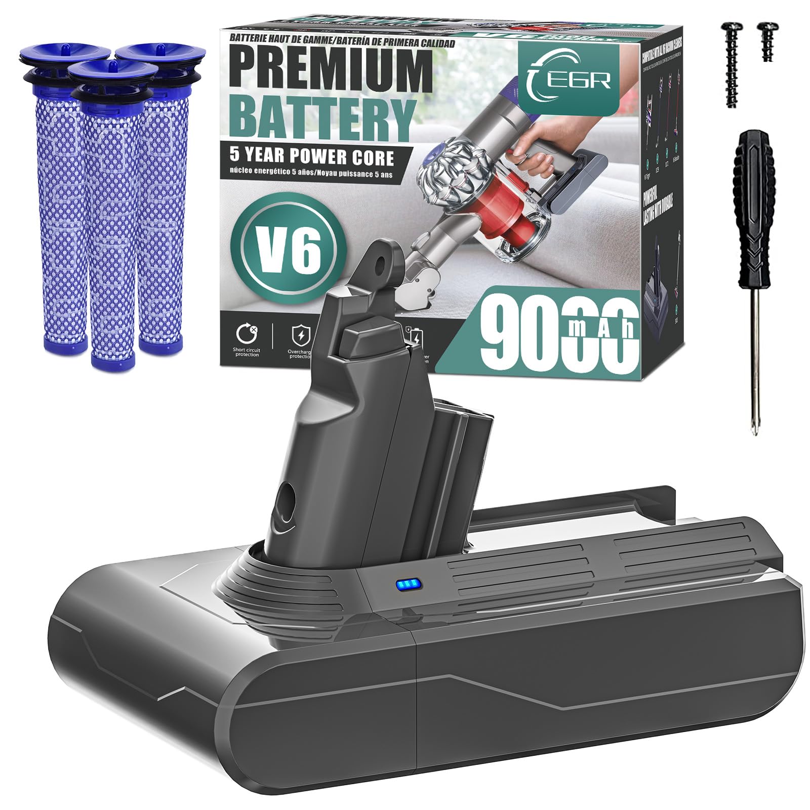 EGR V6 battery pack in use powering Dyson V6 for extended cleaning sessions