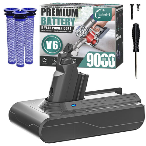 EGR V6 battery pack in use powering Dyson V6 for extended cleaning sessions