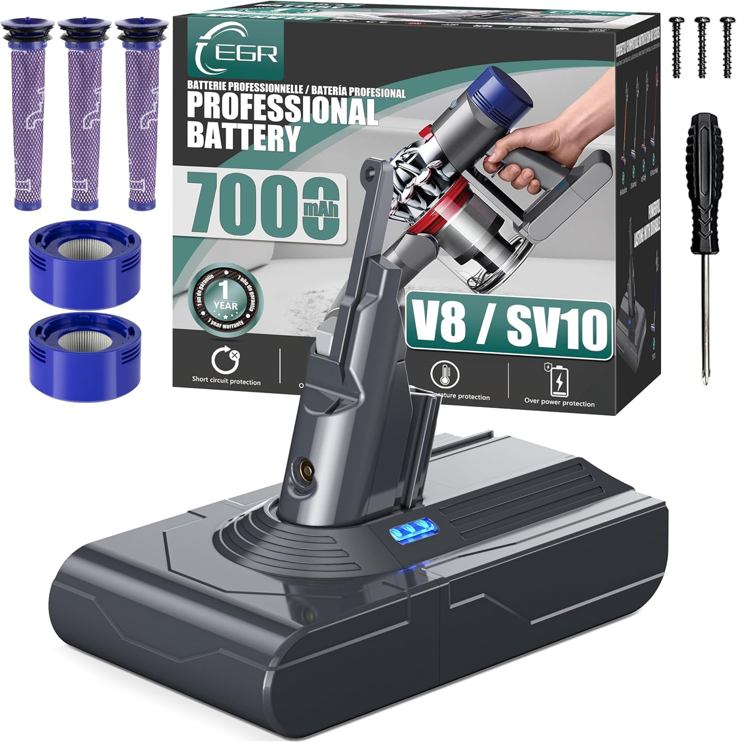 EGR Upgraded V8 battery front view highlighting high capacity for extended cleaning sessions.