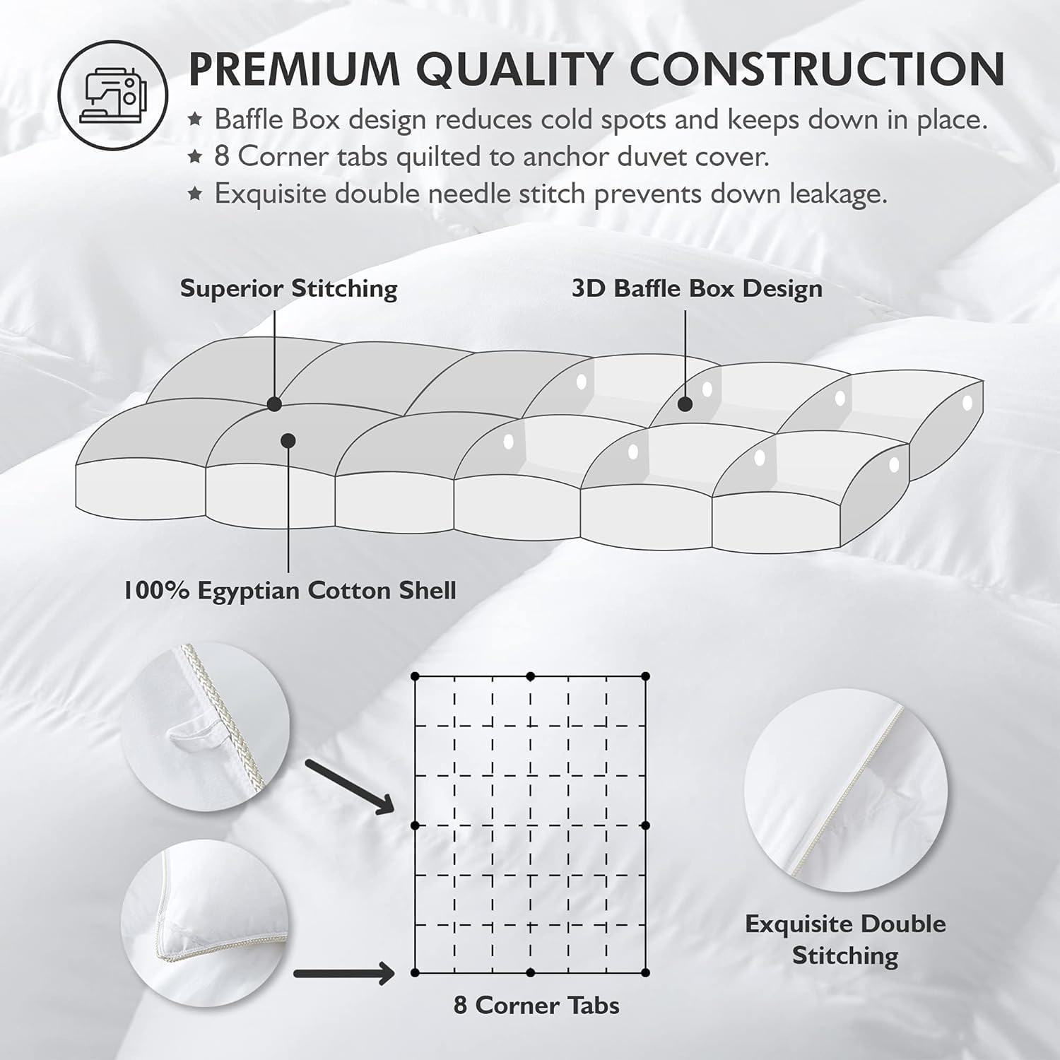 Egyptian Bedding 100% Egyptian cotton cover highlights breathable luxury.